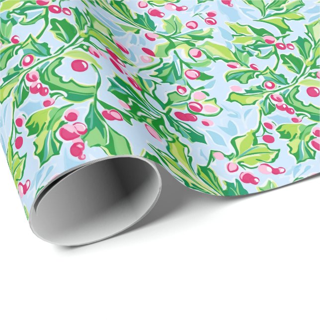 Papier Cadeau Preppy Palm Beach Christmas Holly (Coin rond)