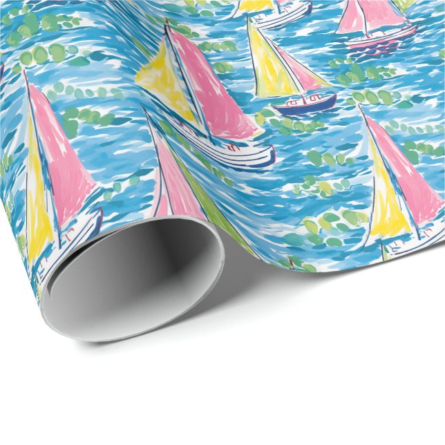 Papier Cadeau Preppy Palm Beach Imprimer Bateaux à voile rose et (Coin rond)