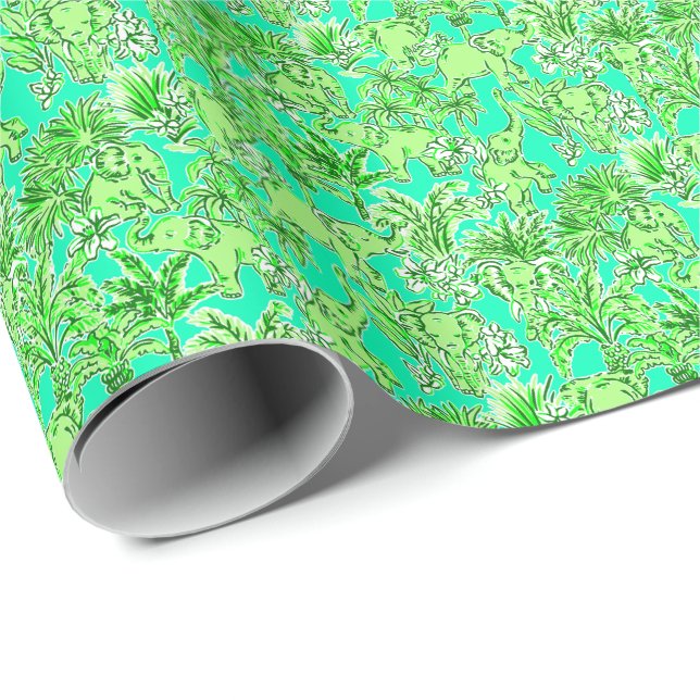 Papier Cadeau Preppy Palm Beach Imprimer Eléphants verts (Coin rond)