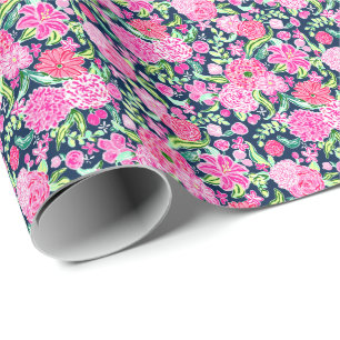 Papier Cadeau Preppy Palm Beach Imprimer rose et vert Fleurs