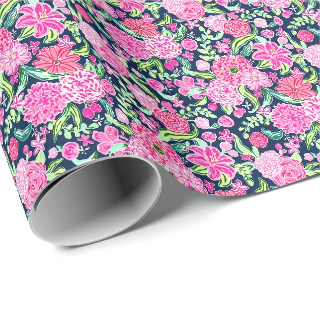 Papier Cadeau Preppy Palm Beach Imprimer rose et vert Fleurs (Coin rond)
