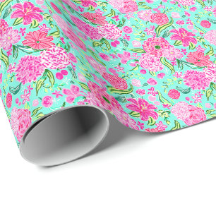 Papier Cadeau Preppy Palm Beach Imprimer Turquoise de fleurs ros