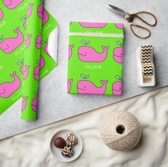 Papier Cadeau Preppy Pink and Green Whales Personnalisé (Artisanat)