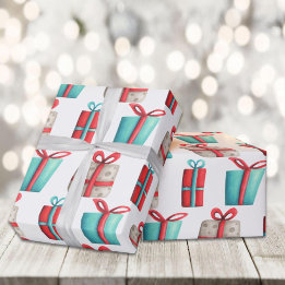 Papier Cadeau Présents gris, rouge et turquoise modélisés