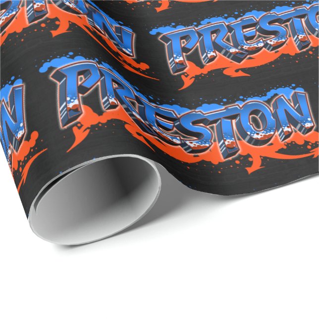 Papier Cadeau Preston Prénom Graffiti blue orange (Coin rond)