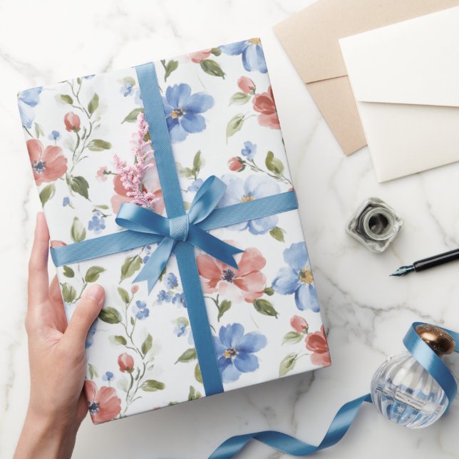 Papier Cadeau Pretty Red Blue Flowers Birthday (Cadeaux)