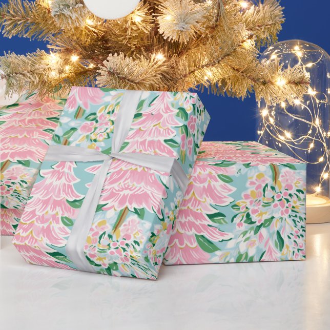 Papier Cadeau Pretty Soft Pastel Pink & Teal Pine Trees Holiday  (Vacances)
