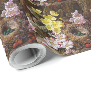 Papier Cadeau Primroses vintages en fleurs d'Apple et nid d'oise