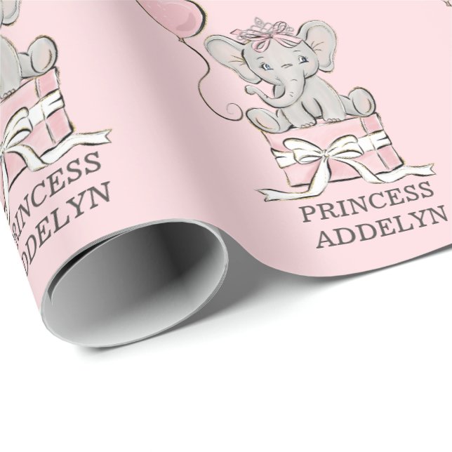 Papier Cadeau Princesse Éléphant Ballon Rose Nom de l'Enfant (Coin rond)