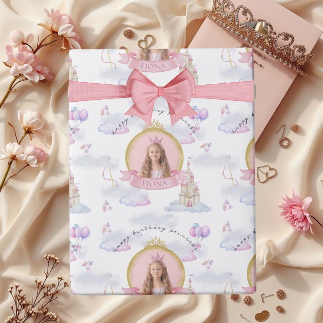 Papier Cadeau Princesse Fairytale mignonne rose fille photo Anni (Happy Birthday Princess Custom Personalized Wrapping Paper with Photo)