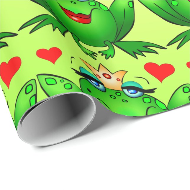 Papier Cadeau Princesse Grenouille Cœurs Vert Joyeux (Coin rond)