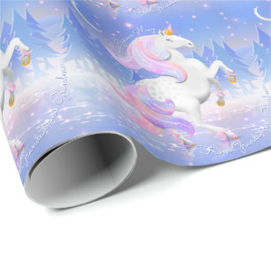 Papier Cadeau Princesse Licorne Scène de Lac Gelé Personnalisée