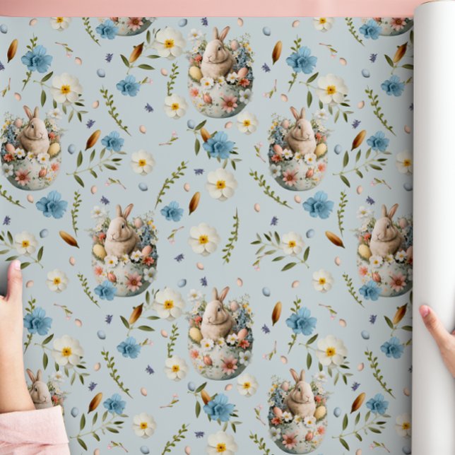 Papier Cadeau Printemps Floral Lapin de Pâques Célébration Bleu (Créateur téléchargé)