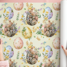 Papier Cadeau Printemps Floral Lapin de Pâques Célébration Jaune