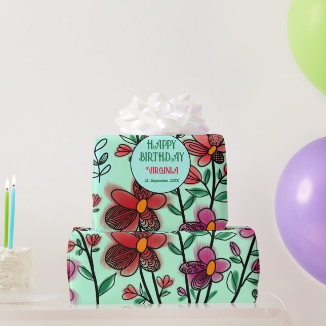 PAPIER CADEAU PRINTEMPS UNIQUE ROUGE DOODLE FLEURS ANNIVERSAIRE (Cadeaux de fête)