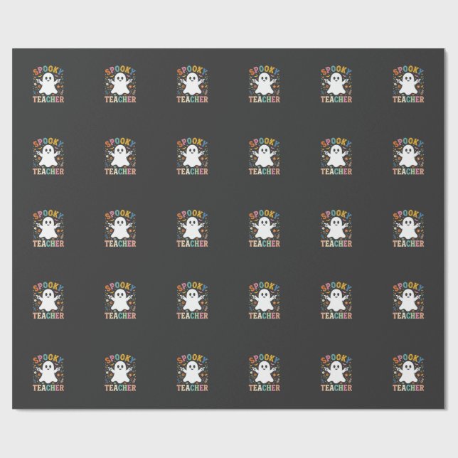 Papier Cadeau Prof Enseignant Fantôme Mignon Halloween Design_1 (Plat)