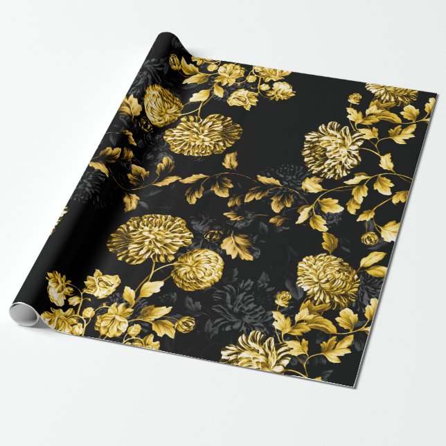 Papier Cadeau Profusion noire Toile floral d'or (Déroulé)