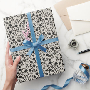 Papier Cadeau Protea Floral Block Print Millefleur noir lin