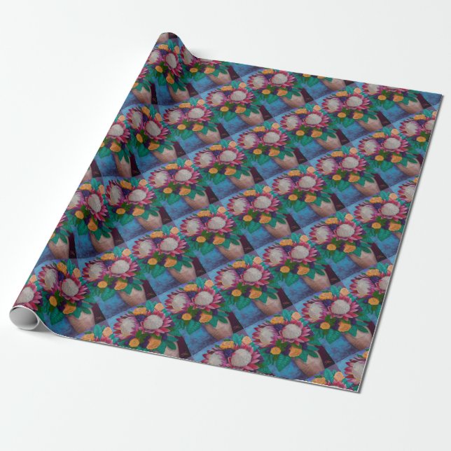 Papier Cadeau Protéas géantes et Roses oranges (Déroulé)