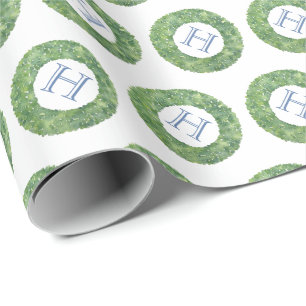 Papier Cadeau Prppy Blue Monogramme Vert Boxwood Wreath