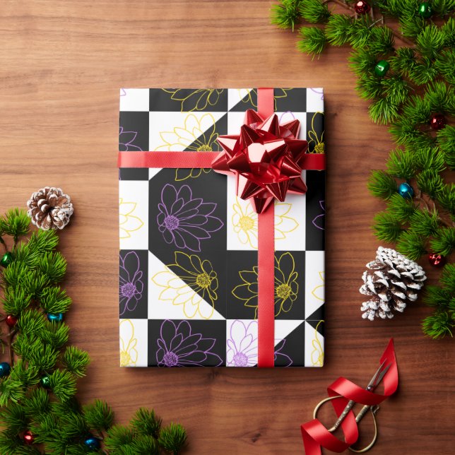 Papier Cadeau Prune & Fleur Jaune | Damier Noir & Blanc (Cadeau de vacances)