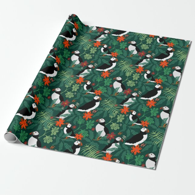 Papier Cadeau Puffin Motif vert verdoyant (Déroulé)