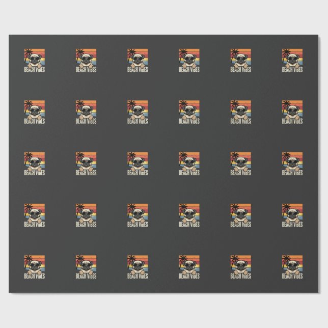 Papier Cadeau Pug Chien Ambiance Plage Coucher de Soleil (Plat)