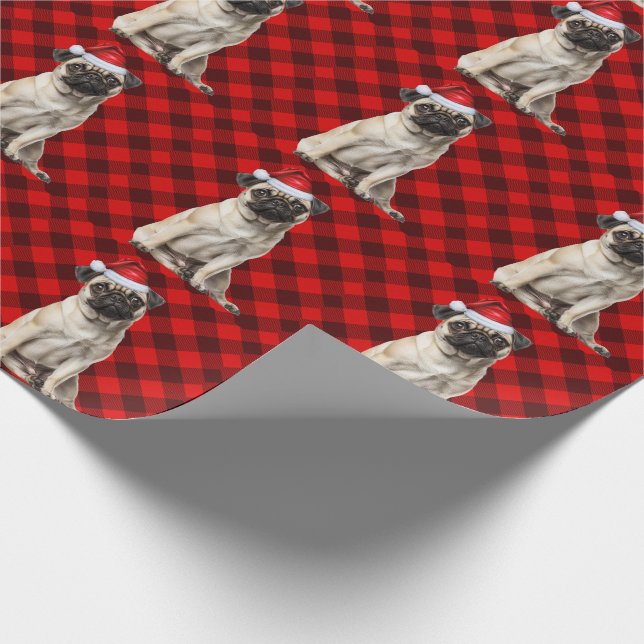 Papier Cadeau Pug Santa Dog Holiday Red Buffalo Plaid Christmas (Coin)
