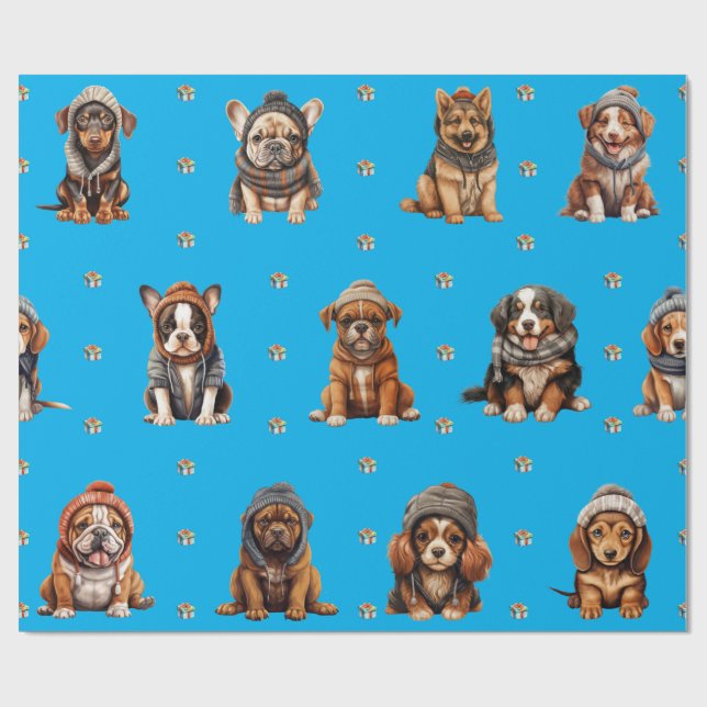 Papier Cadeau Puppies adorables 1 Noël Vacances en bleu (Plat)