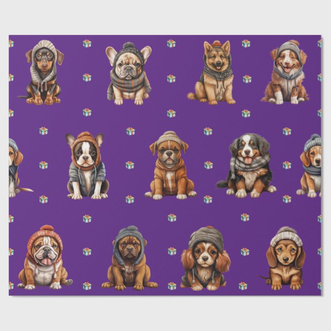 Papier Cadeau Puppies adorables 1 Noël Vacances sur violet (Plat)