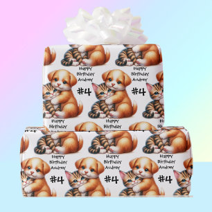 Papier Cadeau Puppy & Kitten Hug Ajouter Nom et âge Joyeux anniv