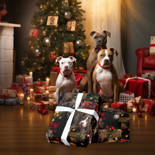 Papier Cadeau Pups de Noël Pitbulles aux lumières rouges riches