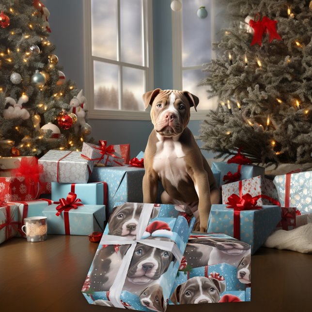 Papier Cadeau Pups Pitbulles bleus et blancs de Noël (Créateur téléchargé)