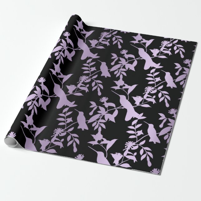 Papier Cadeau Purple Améthyste Black Foils Hummingbird Fleurs (Déroulé)