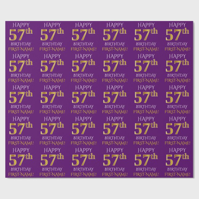 Papier Cadeau Purple, Faux Gold "HAPPY 57th BIRTHDAY" (Plat)