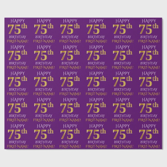 Papier Cadeau Purple, Faux Gold "HAPPY 75th BIRTHDAY" (Plat)