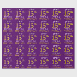 Papier Cadeau Purple, Faux Gold "HEUREUX 15e anniversaire"