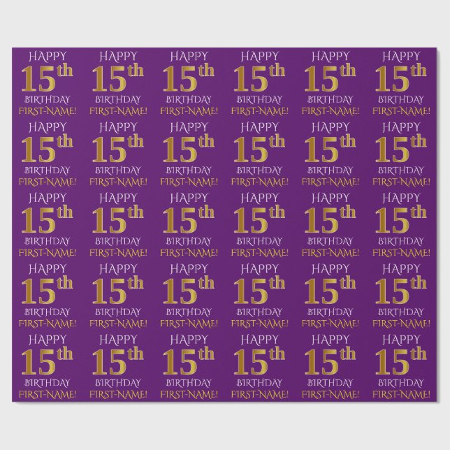 Papier Cadeau Purple, Faux Gold "HEUREUX 15e anniversaire" (Plat)