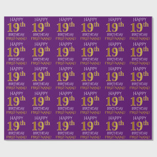Papier Cadeau Purple, Faux Gold "HEUREUX 19e anniversaire"