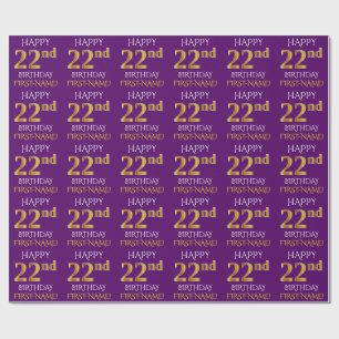 Papier Cadeau Purple, Faux Gold "HEUREUX 22e anniversaire"