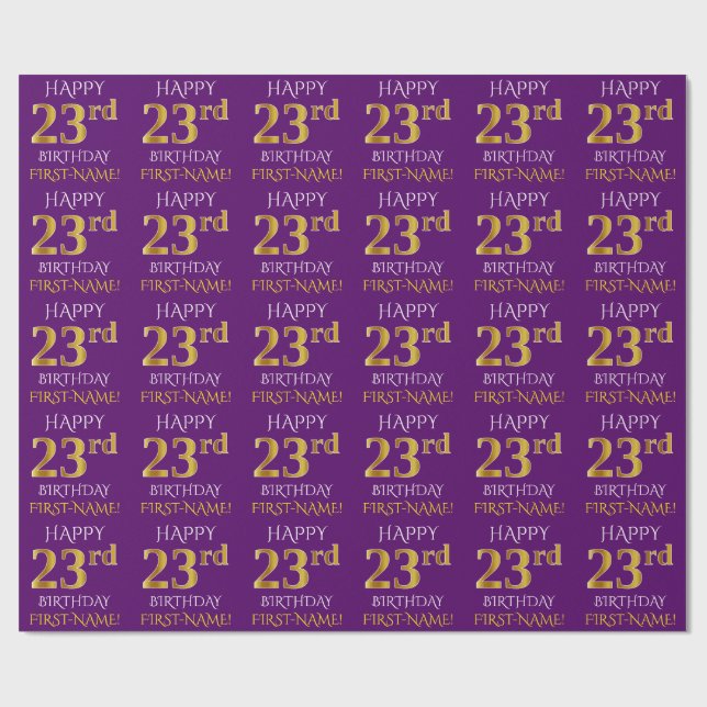 Papier Cadeau Purple, Faux Gold "HEUREUX 23e anniversaire" (Plat)