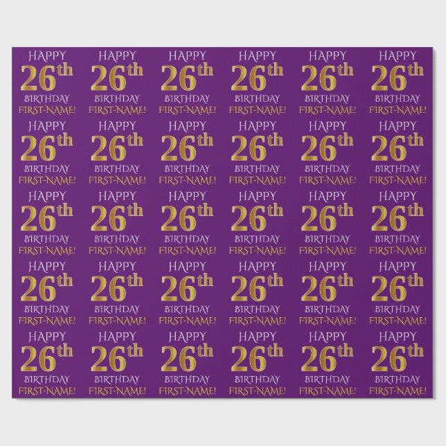 Papier Cadeau Purple, Faux Gold "HEUREUX 26ème anniversaire" (Plat)