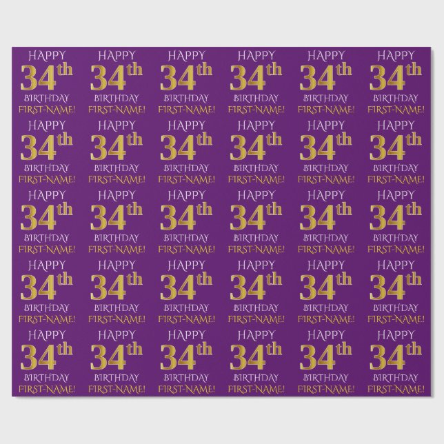 Papier Cadeau Purple, Faux Gold "HEUREUX 34e anniversaire" (Plat)