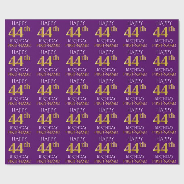 Papier Cadeau Purple, Faux Gold "HEUREUX 44e anniversaire" (Plat)