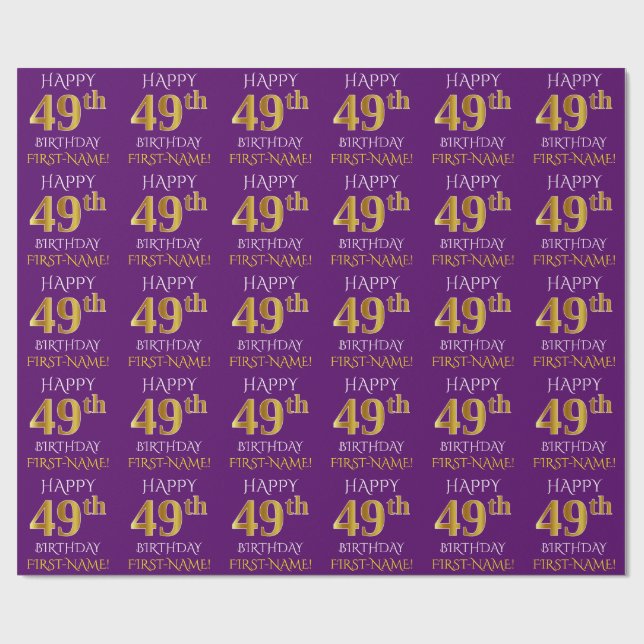 Papier Cadeau Purple, Faux Gold "HEUREUX 49e anniversaire" (Plat)