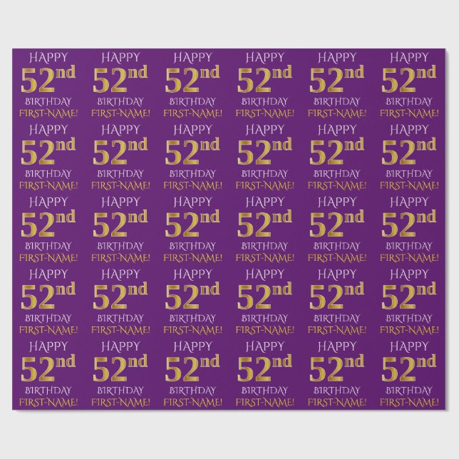 Papier Cadeau Purple, Faux Gold "HEUREUX 52e anniversaire" (Plat)