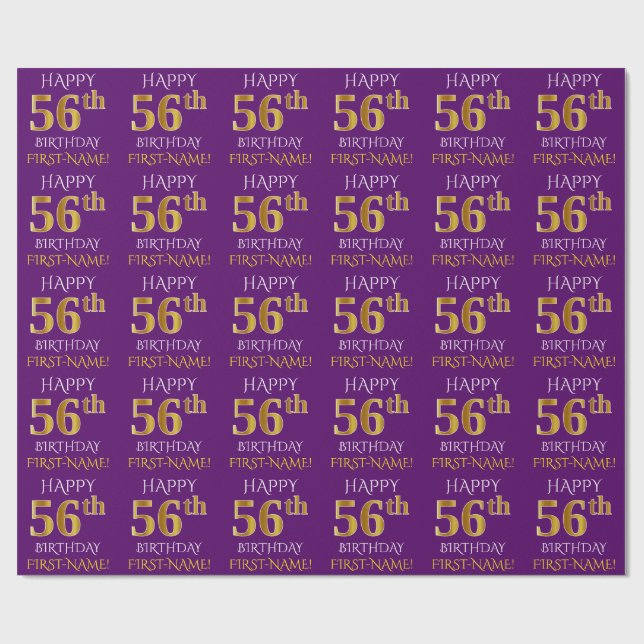 Papier Cadeau Purple, Faux Gold "HEUREUX 56ème anniversaire" (Plat)