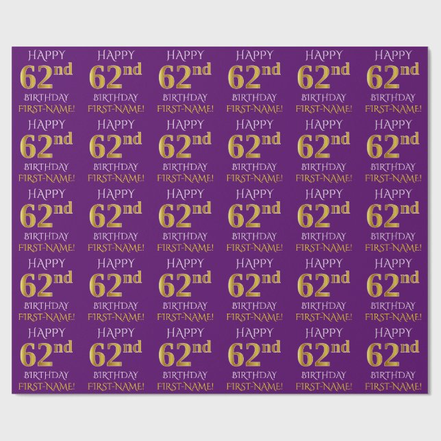 Papier Cadeau Purple, Faux Gold "HEUREUX 62e anniversaire" (Plat)