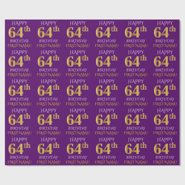 Papier Cadeau Purple, Faux Gold "HEUREUX 64e anniversaire" (Plat)