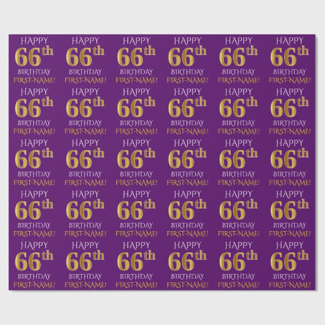 Papier Cadeau Purple, Faux Gold "HEUREUX 66e anniversaire" (Plat)